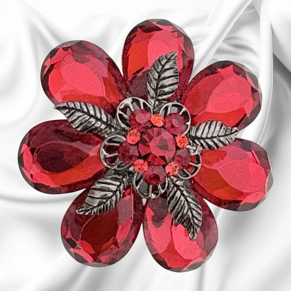 Red Glass Crystal Flower Brooch 1.75